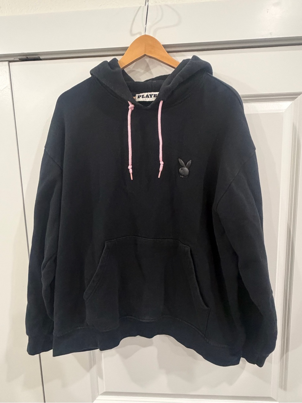 PLAYBOY Black Pullover Hoodie with Pink Drawstrings - Men's Crewneck Sweatshirt